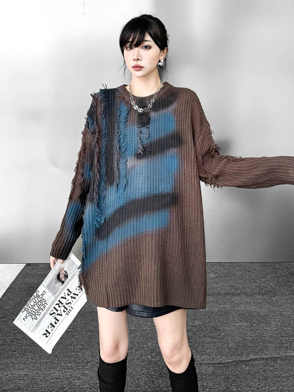 Irregularity Long Sleeves Abstract Printed Asymmetric Contrast Color Split-Joint Tasseled Round-Neck Sweater Tops