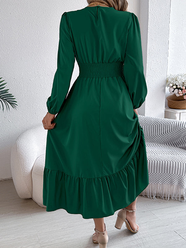 A-Line Elasticated Waist Pleated Solid Color Round-Neck Maxi Dresses