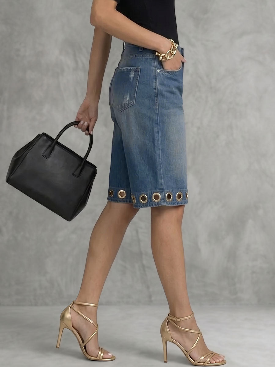 High Waisted Wide Leg Buttoned Hollow Pockets Solid Color Split-Joint Jean Pants Bottoms Shorts Bottoms