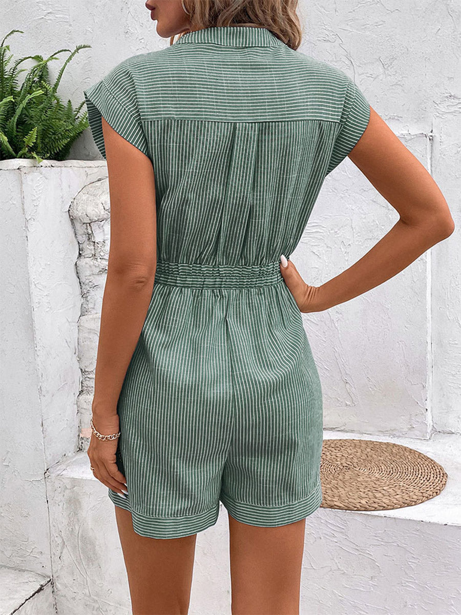 Elasticated Waist High Waisted Buttoned Contrast Color Pockets Split-Joint Striped Tied Waist V-Neck Rompers