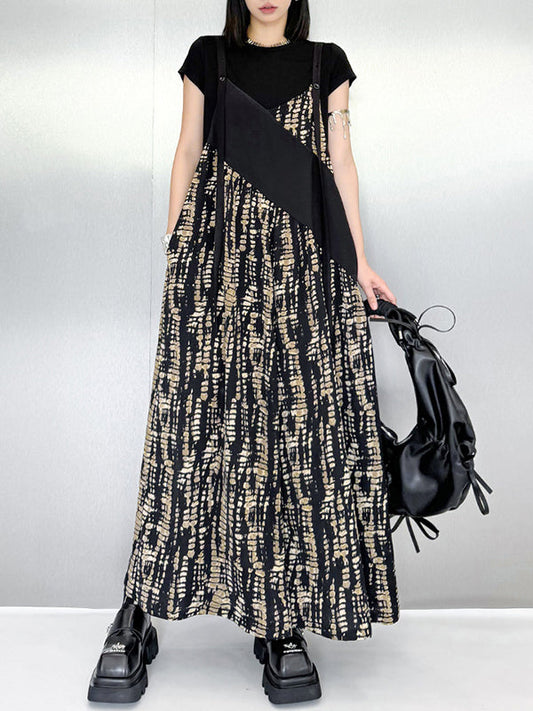 Loose Sleeveless Asymmetric Contrast Color Printed Split-Joint Spaghetti-Neck Overalls