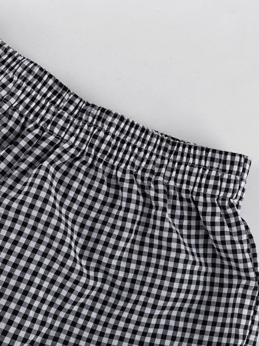 Loose  Contrast Color Plaid Ruffled Split-Joint  Long Sleeves Buttoned Lapel Blouses&Shirts Tops + Pants Two Pieces Set