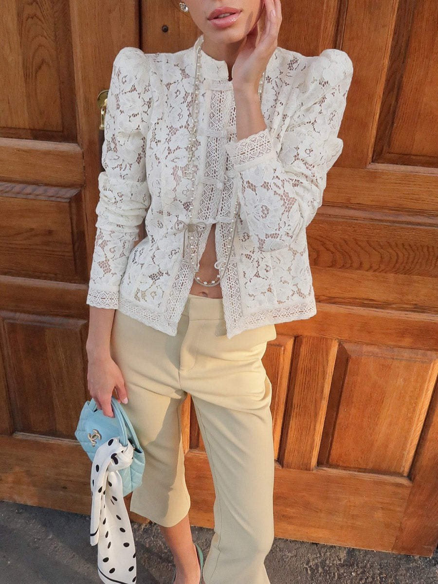 Long Sleeves Crochet Hollow Knot Solid Color Split-Joint Stand Collar Blouses&Shirts Tops