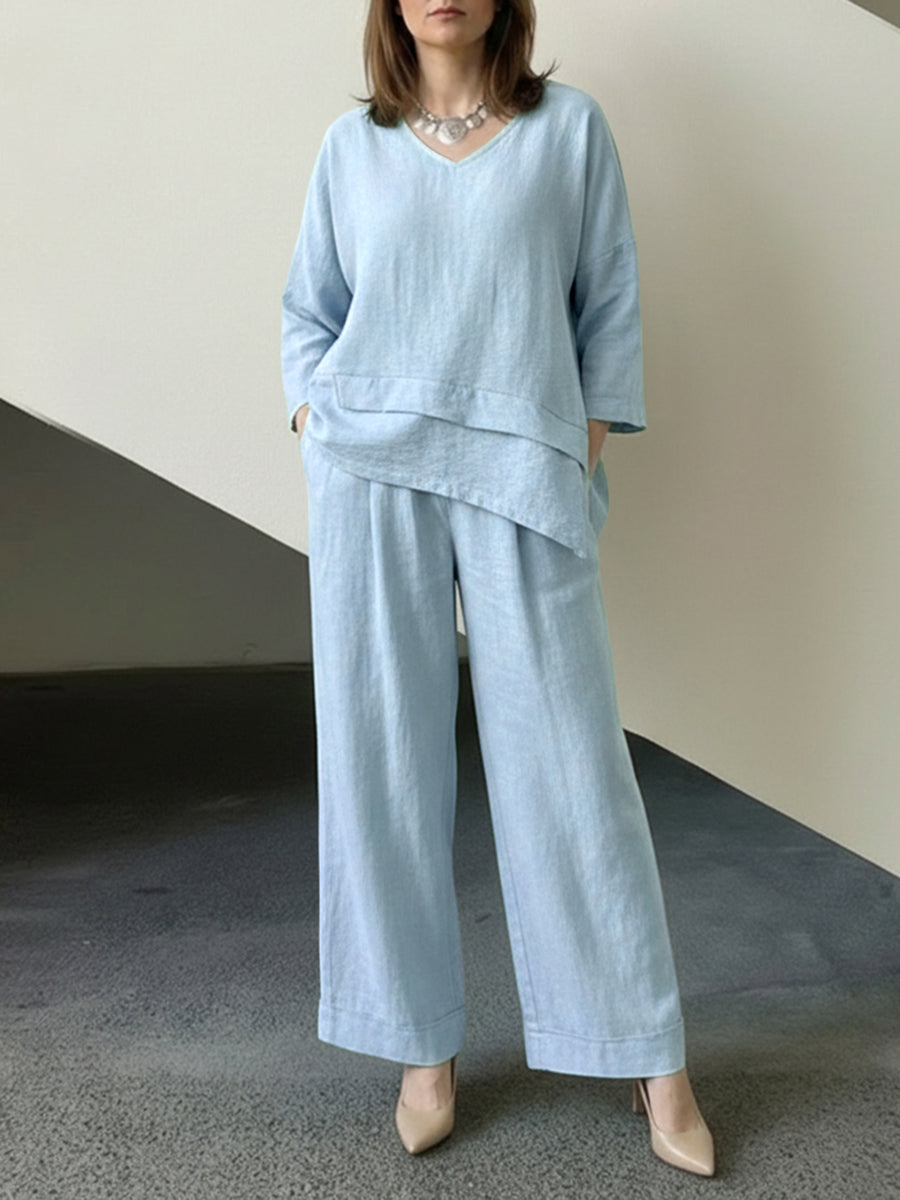 Loose Long Sleeves  Asymmetric Split-Joint Top + Wide Leg Pants Two Pieces Set