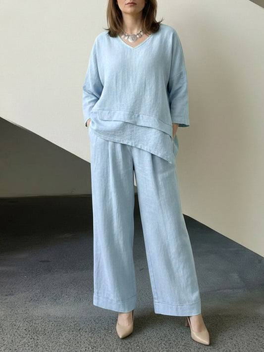 Loose Long Sleeves  Asymmetric Split-Joint Top + Wide Leg Pants Two Pieces Set