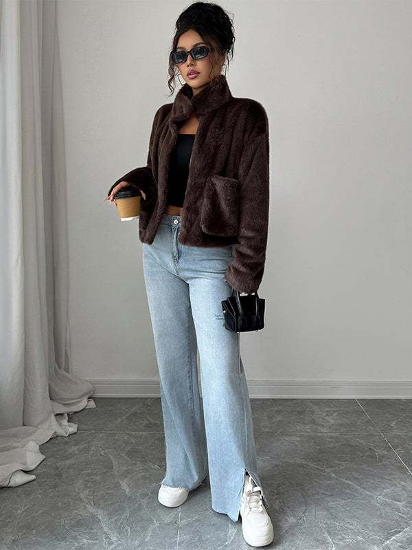 Long Sleeves Loose Pockets Solid Color Zipper Stand Collar Outerwear Sweater Tops