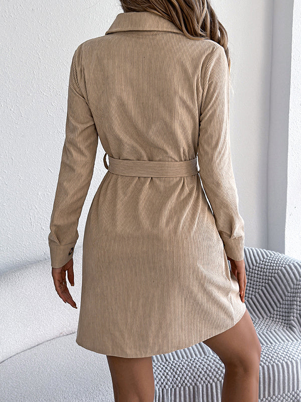Elasticated Waist Long Sleeves Belted Buttoned Single-Breasted Solid Color Lapel Collar Mini Dresses Shirt Dress