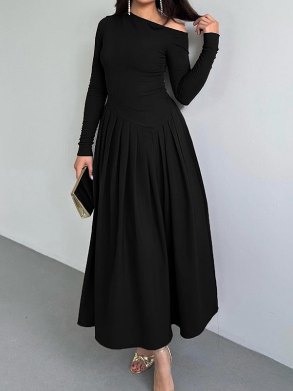 A-Line Bodycon Asymmetric Pleated Solid Color Split-Joint One-Shoulder Maxi Dresses