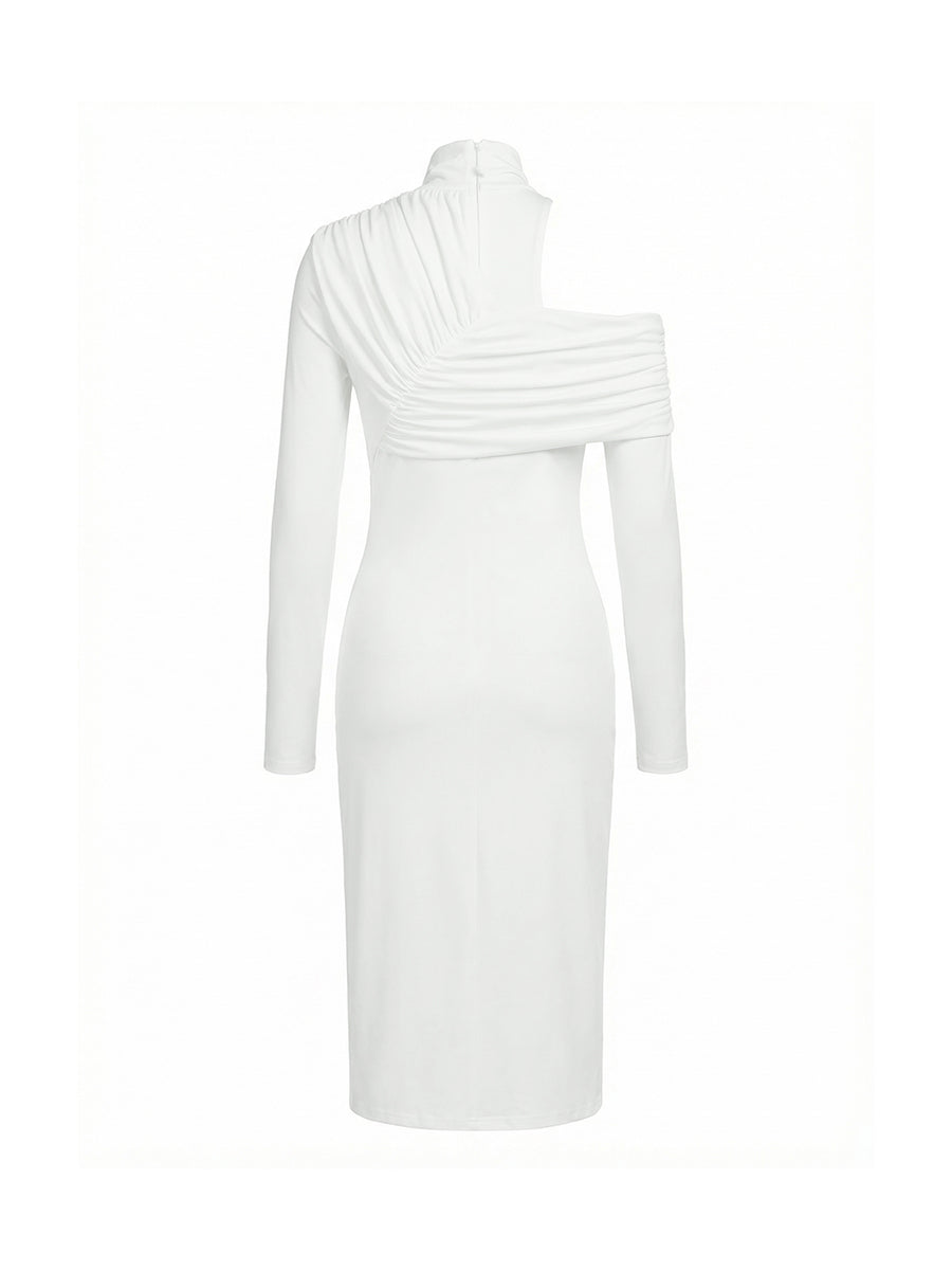 Irregularity Long Sleeves Asymmetric Pleated Solid Color Split-Front Split-Joint Split-Side High Neck Midi Dresses