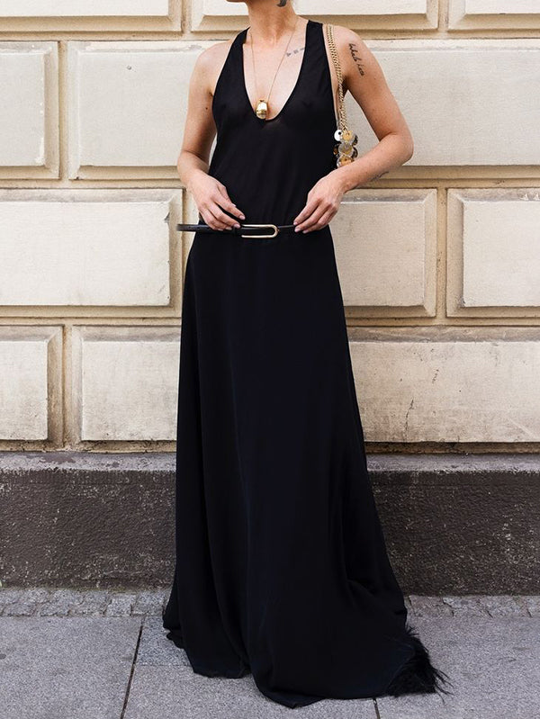 Loose Sleeveless Belted See-Through Solid Color Halter-Neck Maxi Dresses