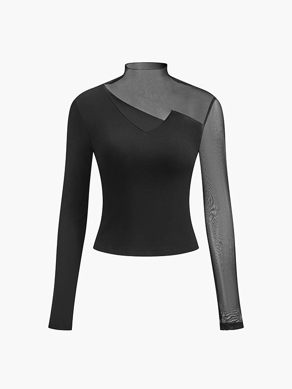 Long Sleeves Skinny Asymmetric Solid Color Split-Joint High Neck T-Shirts Tops