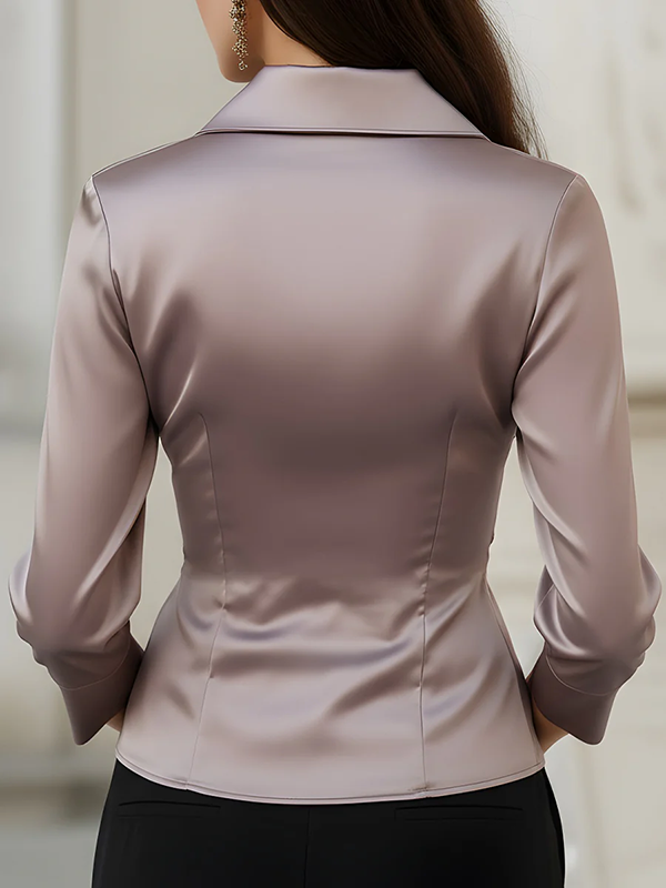 Three-Quarter Sleeves Buttoned Pleated Solid Color Lapel Blouses&Shirts Tops