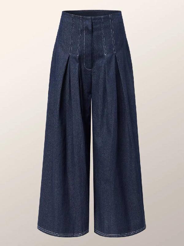 High Waisted Loose Pleated Split-Joint Jean Pants Bottoms