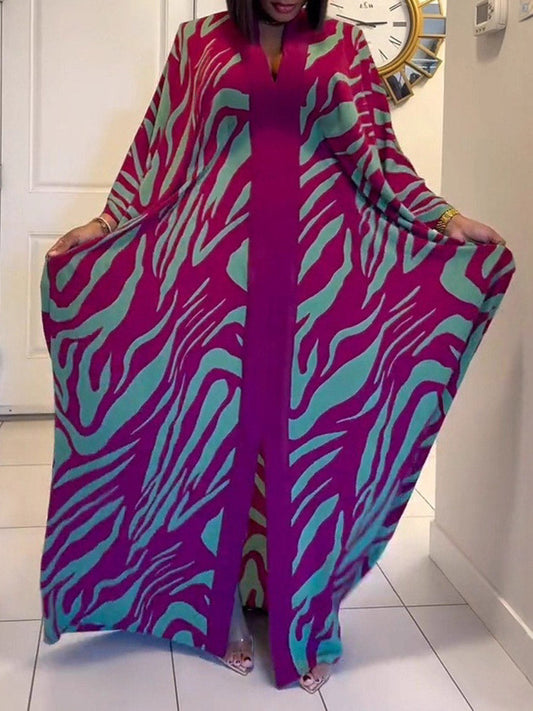 Batwing Sleeves Long Sleeves Contrast Color Printed Split-Front Split-Joint V-Neck Maxi Dresses