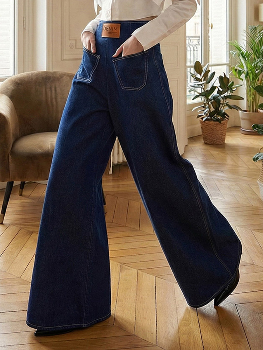 High Waisted Loose Elasticity Pockets Solid Color Zipper Jean Pants Bottoms
