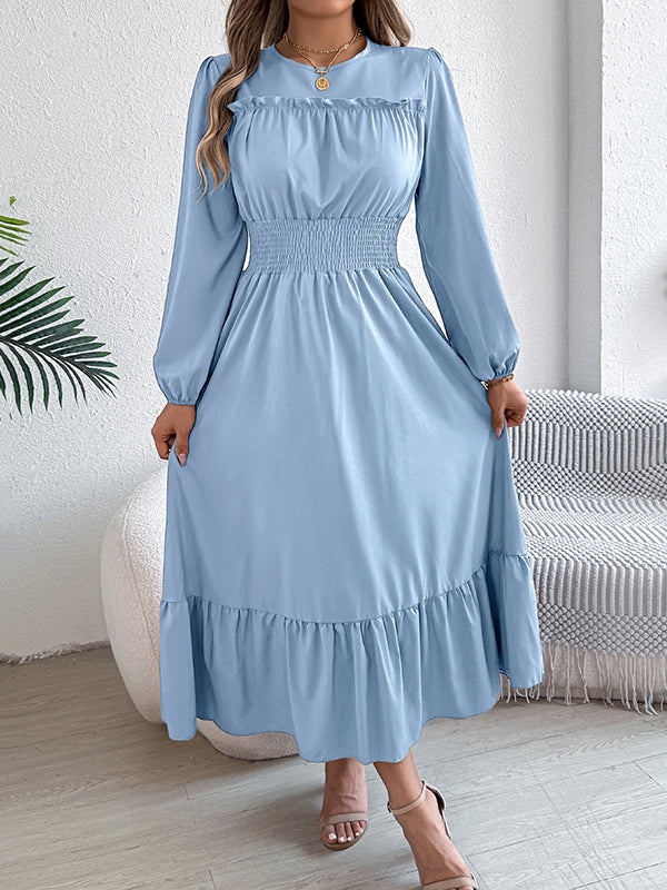 A-Line Elasticated Waist Pleated Solid Color Round-Neck Maxi Dresses