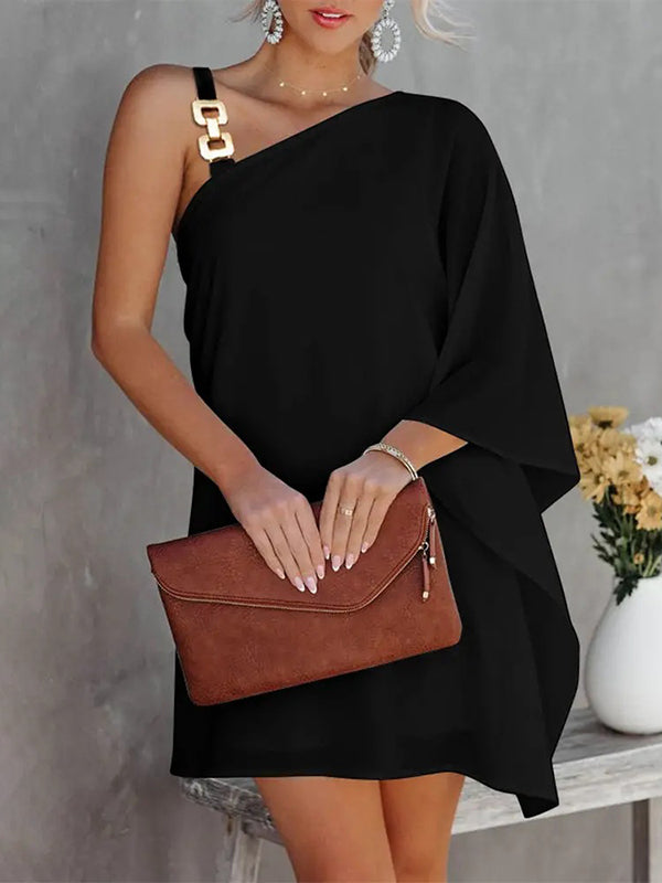 Batwing Sleeves Loose Color-Block Hollow Printed One-shoulder Mini Dresses Short Dresses