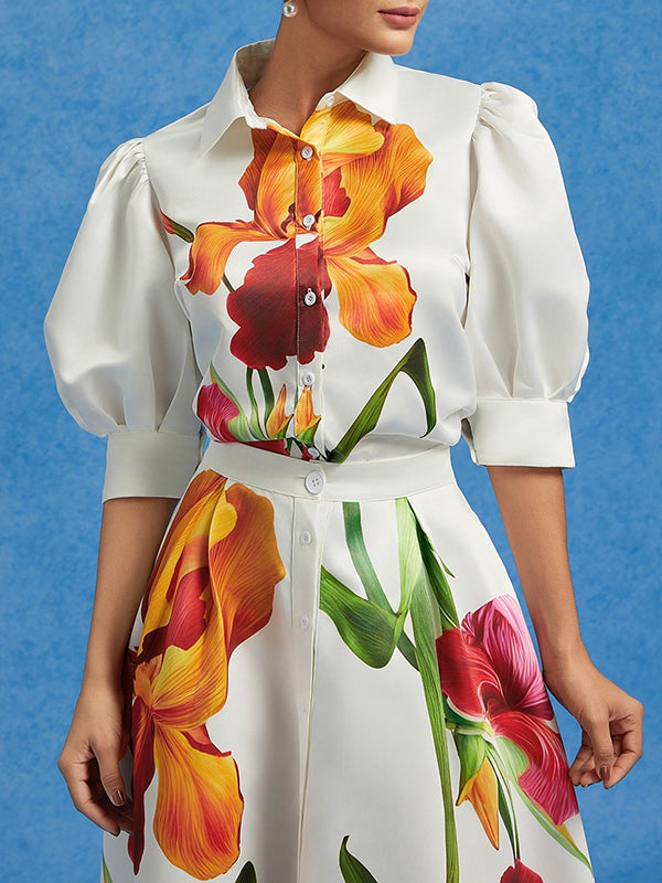 Loose Puff Sleeves Floral Printed Pleated Split-Joint Lapel Blouses&Shirts Tops