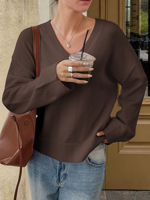 Long Sleeves Loose Ribs Solid Color V-Neck Sweater Tops