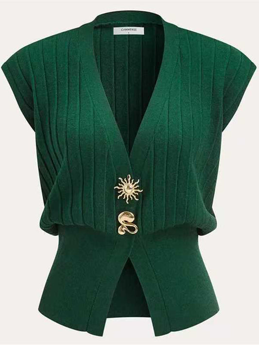 High Waisted Loose Buckle Ribbed Knit Solid Color Split-Joint Split-Side V-Neck Vest Top