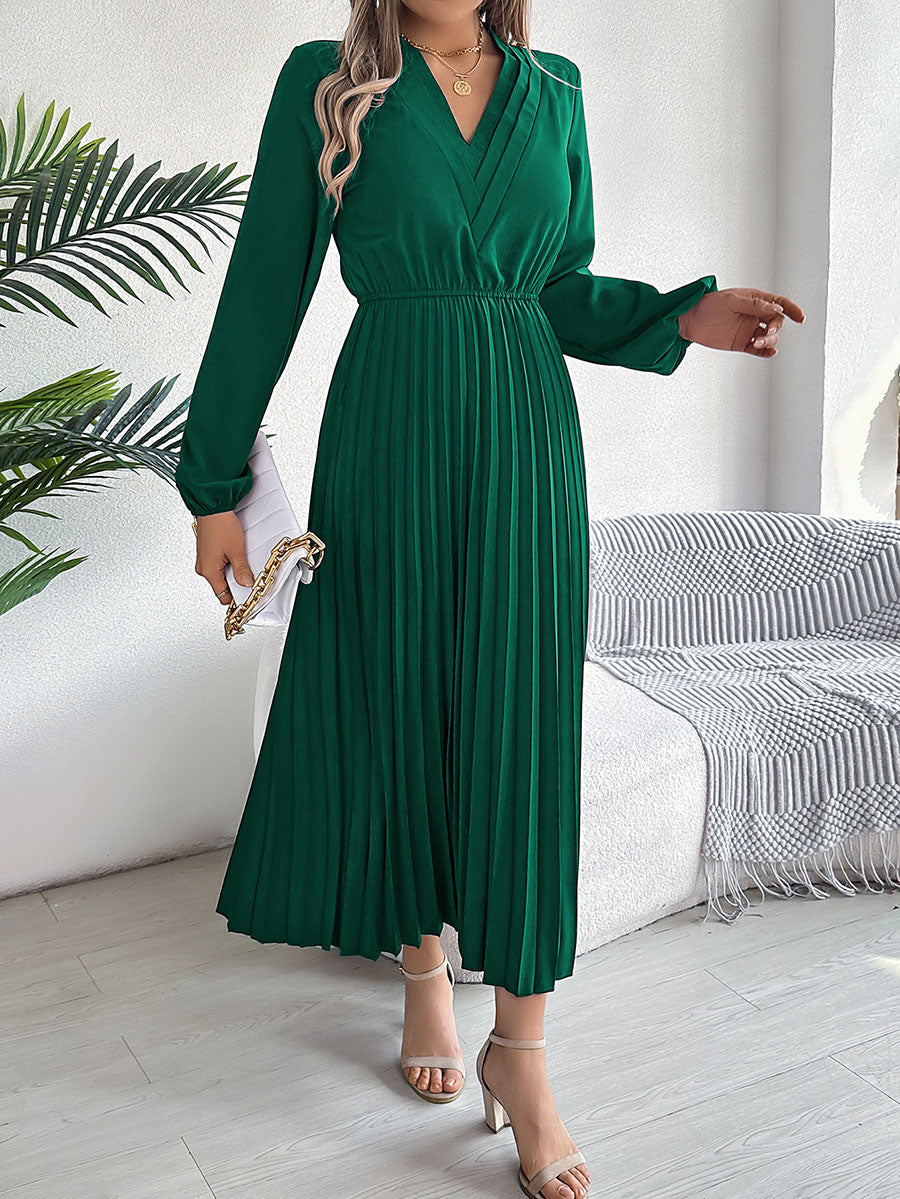 A-Line High Waisted Elasticity Pleated Solid Color V-Neck Maxi Dresses