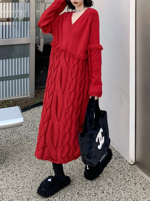 Long Sleeves Loose Solid Color Split-Joint Tasseled V-Neck Midi Dresses Sweater Dresses