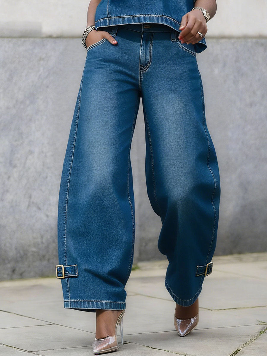 High Waisted Wide Leg Buckle Pockets Solid Color Jean Pants Bottoms