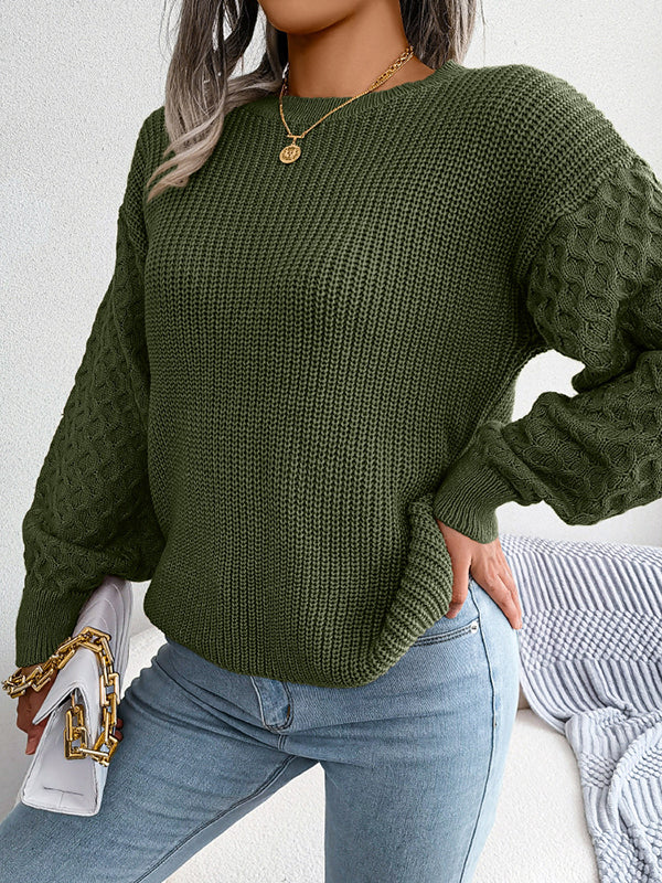 Long Sleeves Loose Cable Knit Solid Color Round-Neck Sweater Tops