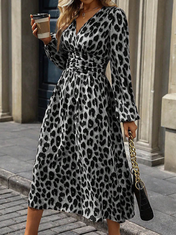 Elasticated Waist High Waisted Contrast Color Leopard Pleated Split-Joint V-Neck Maxi Dresses