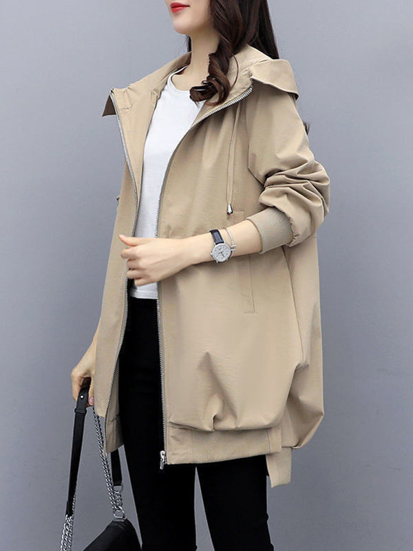 Casual Loose 4 Colors Pleated Zipper Hooded Long Sleeves Outwear