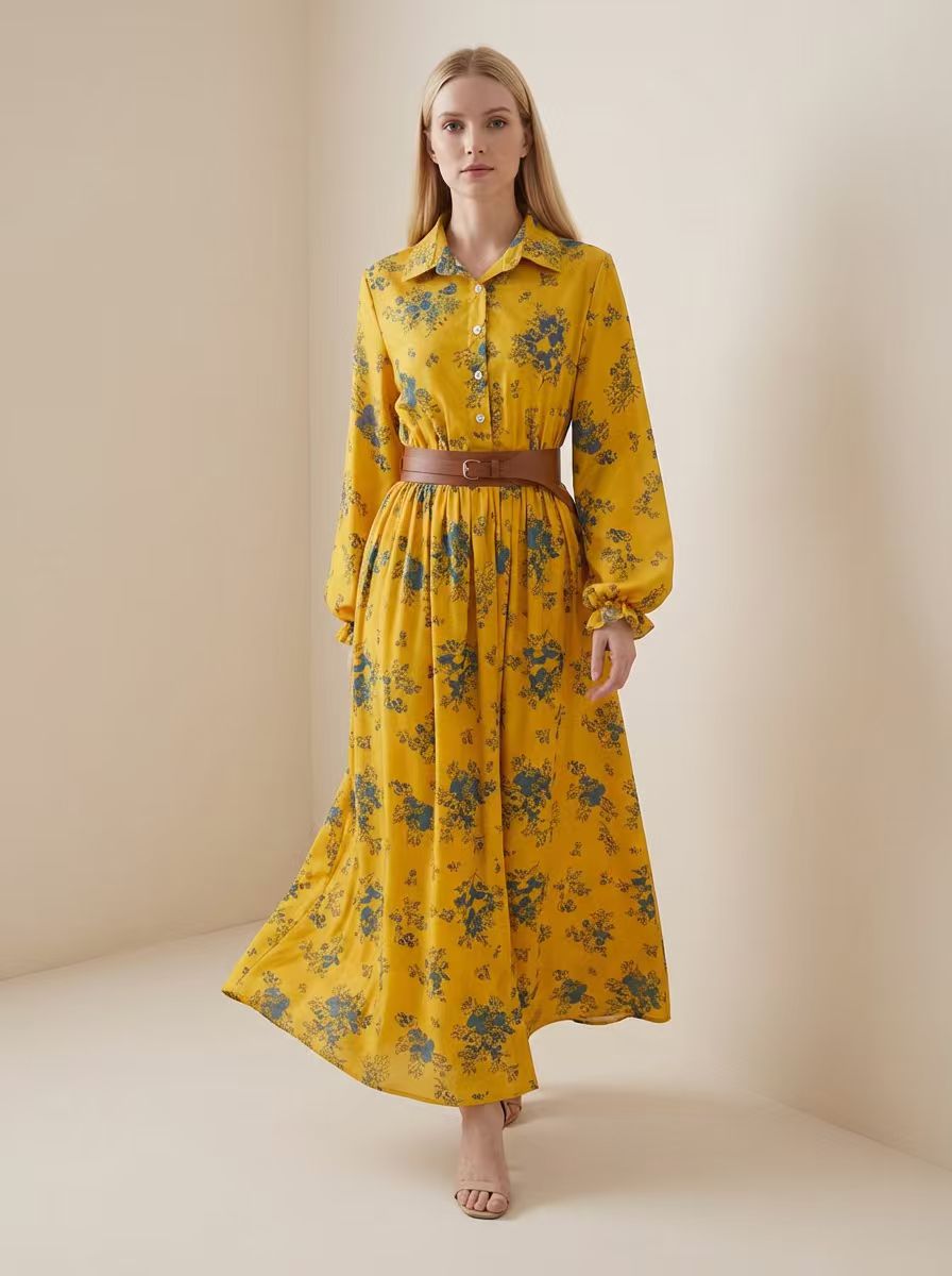 A-Line Elasticated Waist Belted Buttoned Contrast Color Flower Print Pleated Split-Joint Lapel Maxi Dresses Shirt Dress