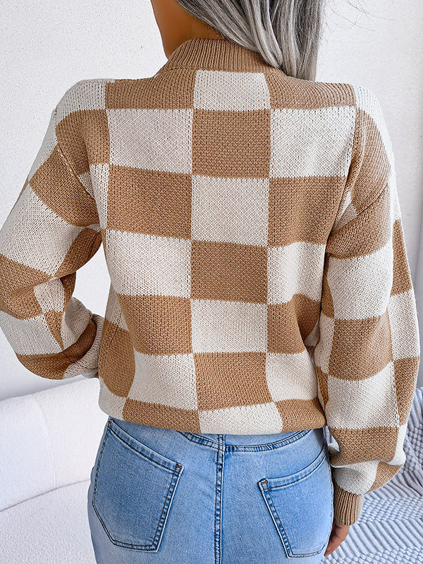 Long Sleeves Loose Contrast Color Plaid Round-Neck Sweater Tops