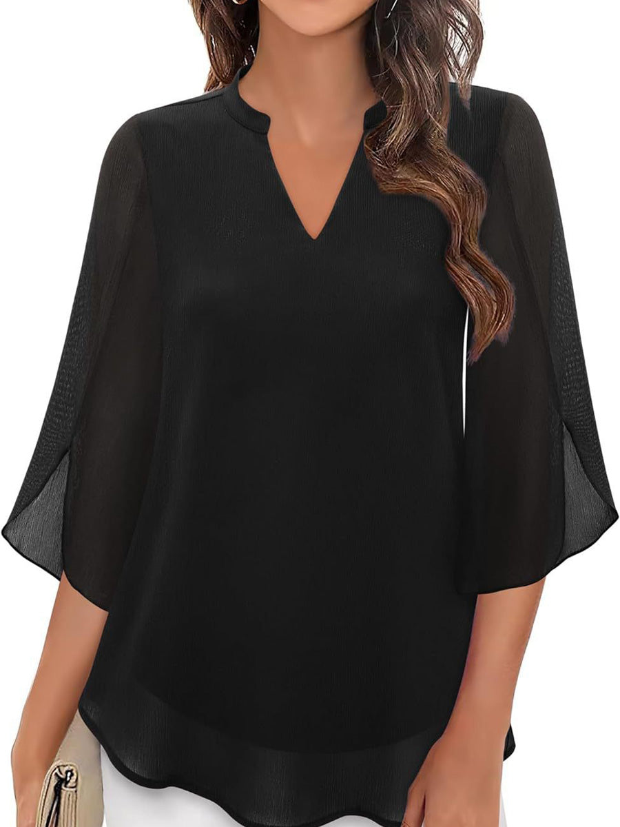 Half Sleeves Loose Solid Color V-Neck Blouses&Shirts Tops