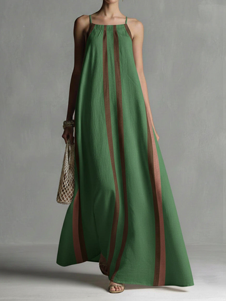 A-Line Loose Contrast Color Pleated Spaghetti-Neck Maxi Dresses