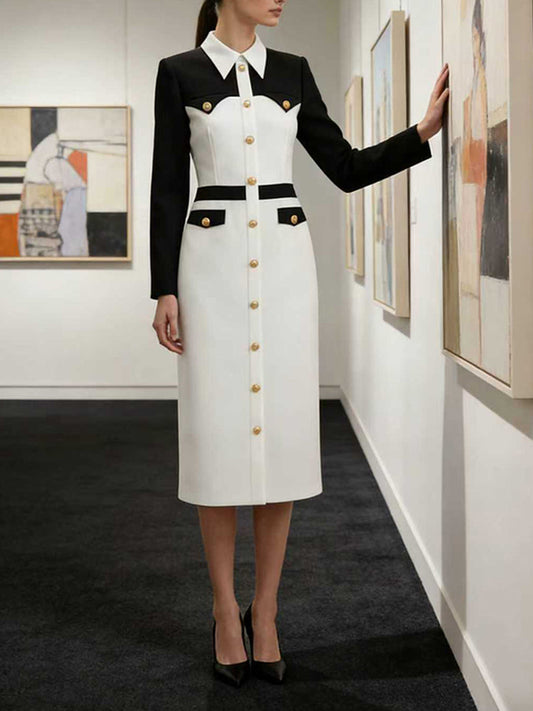 Long Sleeves Buttoned Contrast Color Split-Joint Lapel Midi Dresses