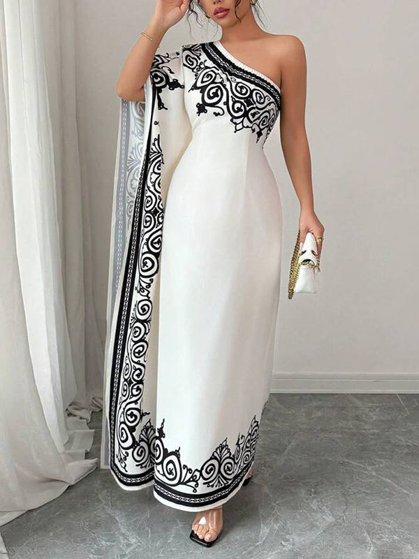 Batwing Sleeves Loose Asymmetric Elasticity Flower Print Pleated One-Shoulder Maxi Dresses