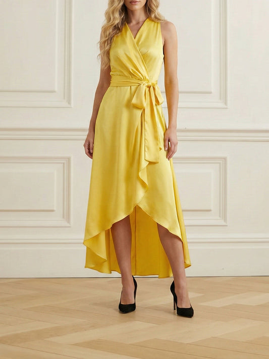 High-Low Loose Ruffle Trim Solid Color Tied Waist V-Neck Maxi Dresses