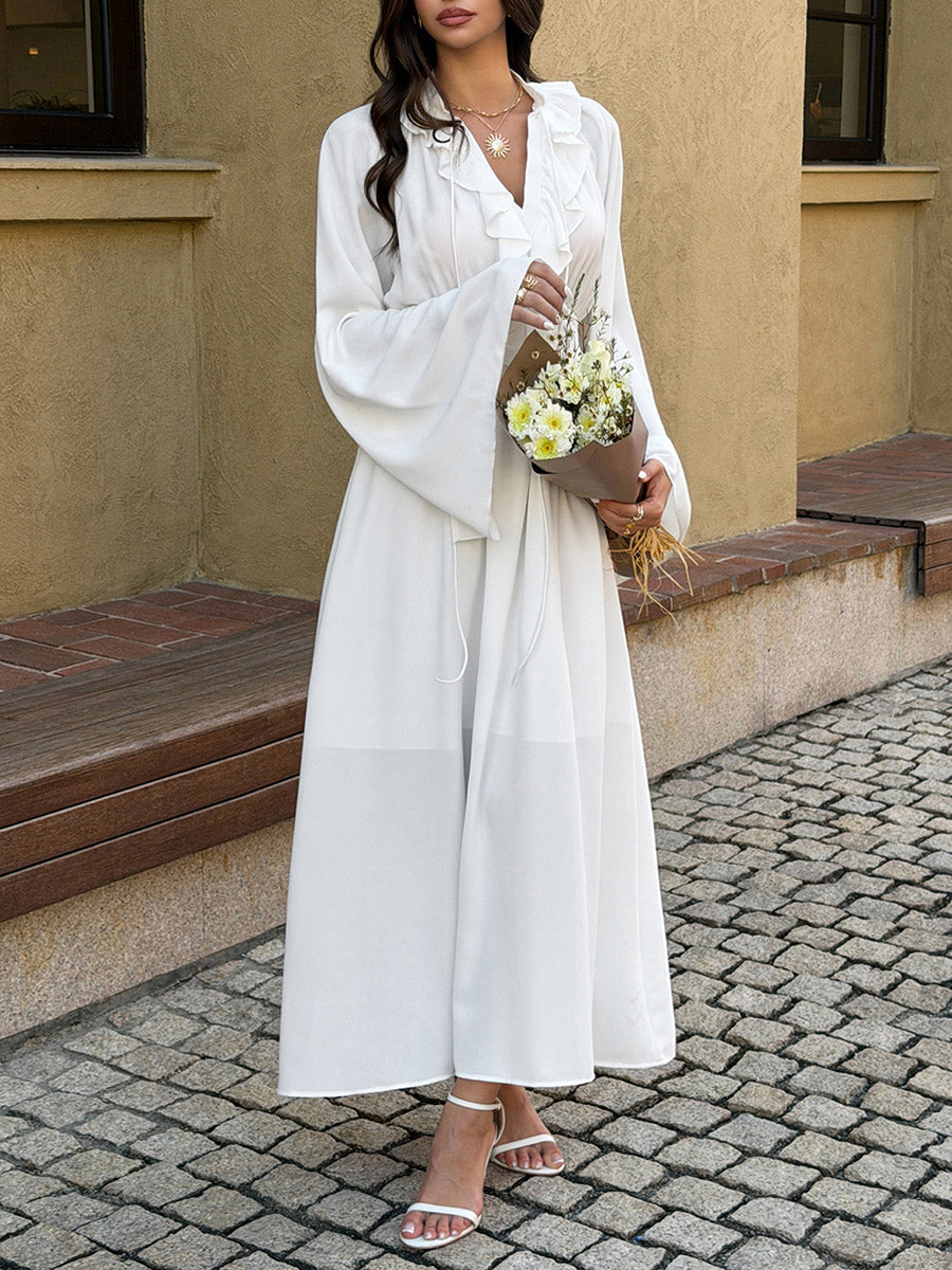 High Waisted Long Sleeves Pleated Ruffled Solid Color V-Neck Maxi Dresses