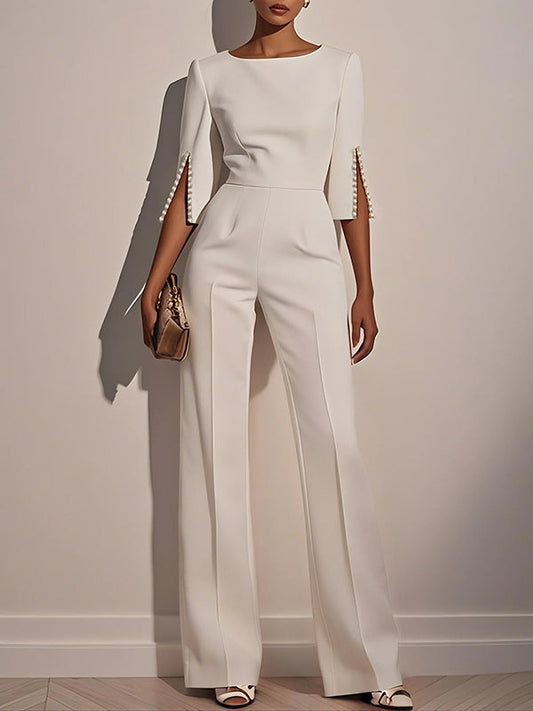 Loose Solid Color Split-Joint Round-Neck Jumpsuits