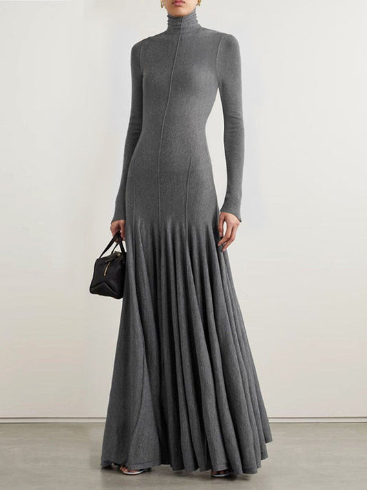 Long Sleeves Skinny Solid Color High Neck Maxi Dresses