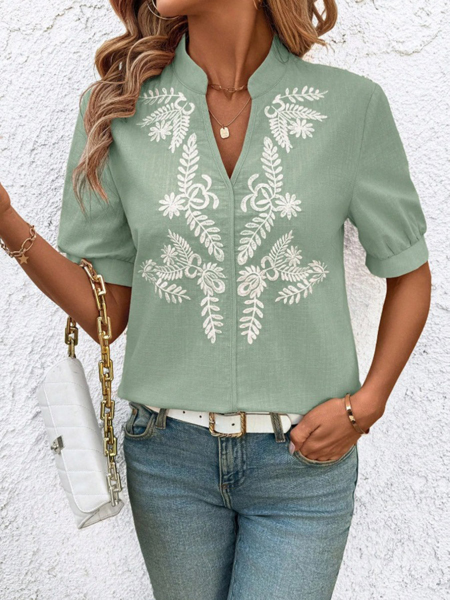 Loose Short Sleeves Flower-Embellished Contrast Color Split-Joint Stand Collar Blouses&Shirts Tops