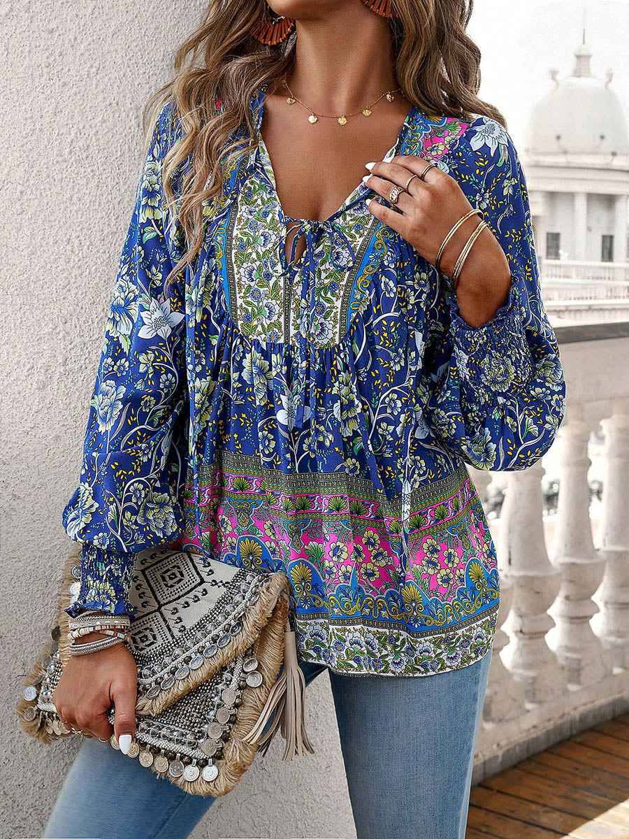 Long Sleeves Loose Contrast Color Drawstring Flower Print Pleated Split-Joint V-Neck Blouses&Shirts Tops