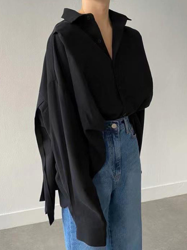Long Sleeves Loose Buttoned Pleated Solid Color Lapel Collar Blouses&shirts Tops