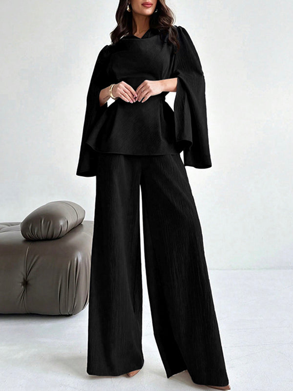 Long Sleeves Solid Color Split-Joint Tied Waist V-Neck Blouses&Shirts Tops