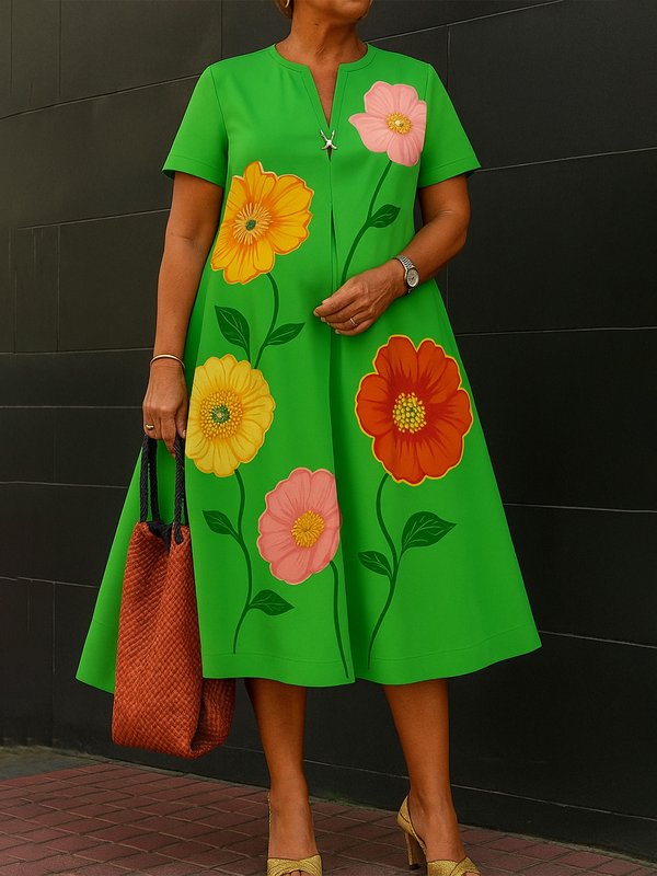 A-Line Loose Flower Print V-Neck Midi Dresses