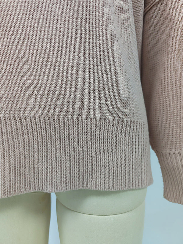 Casual Long Sleeves Loose Split-Side Solid Color Round-Neck Sweater Tops