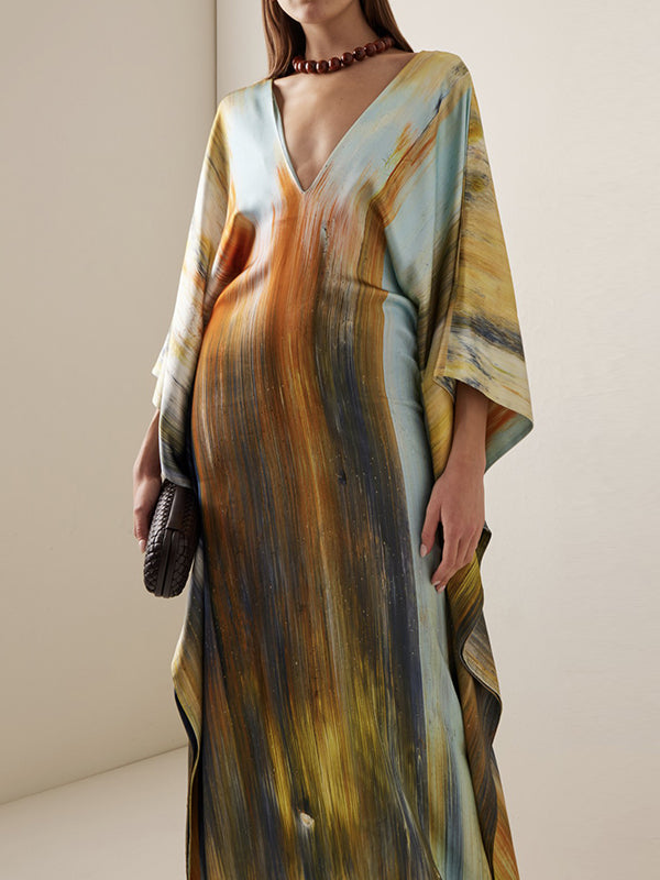 Batwing Sleeves Loose Printed Split-Joint V-Neck Maxi Dresses