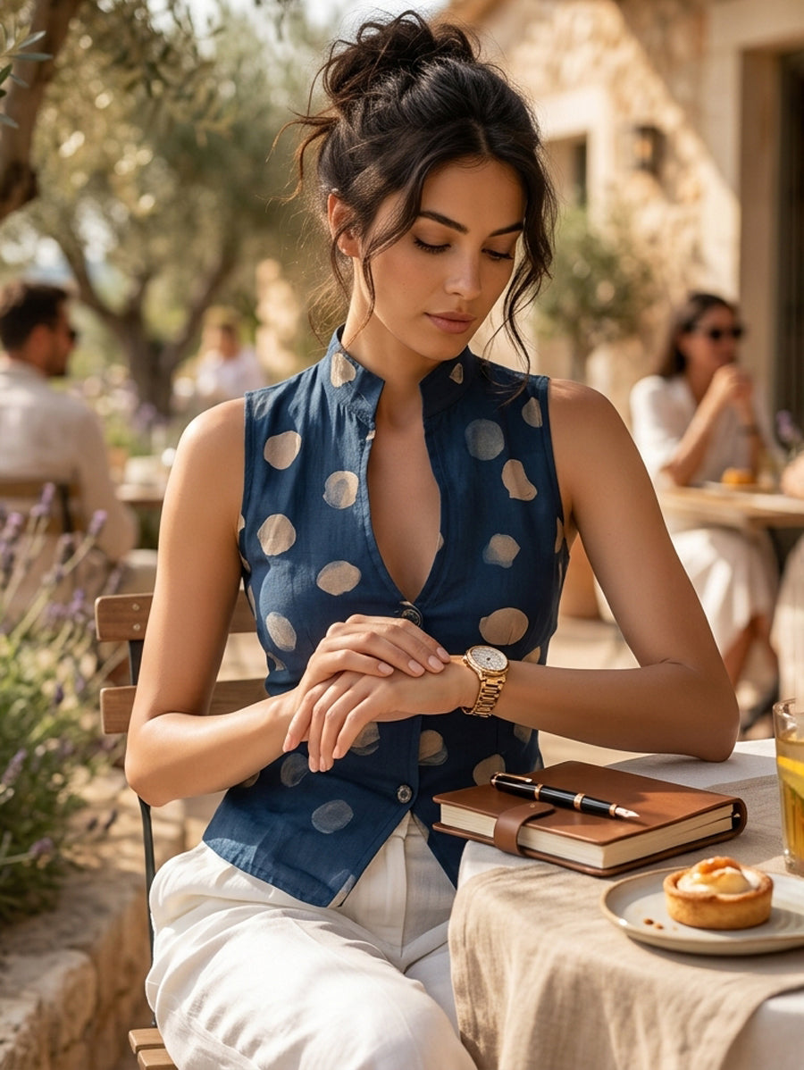 Sleeveless Buttoned Polka-Dot Stand Collar Vest Top
