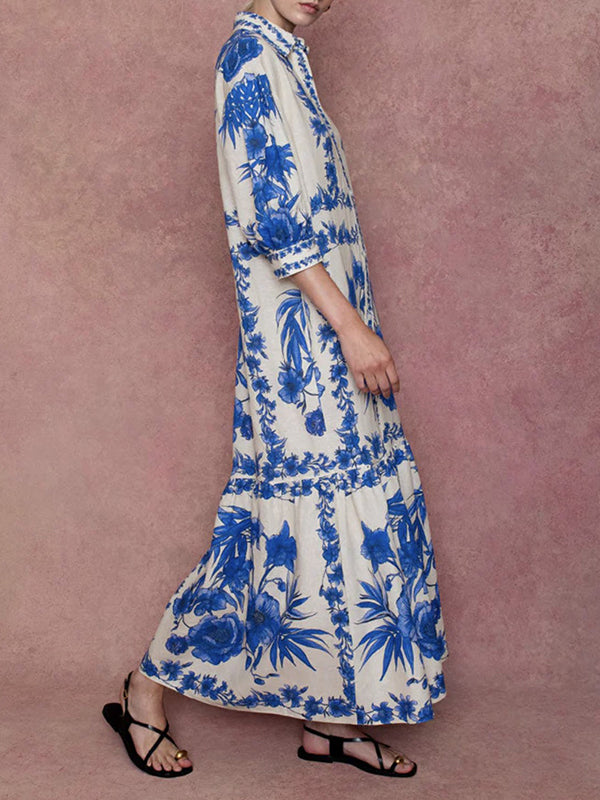 Loose Puff Sleeves Floral Printed Pleated Split-Joint Tied Waist Lapel Maxi Dresses Shirt Dress
