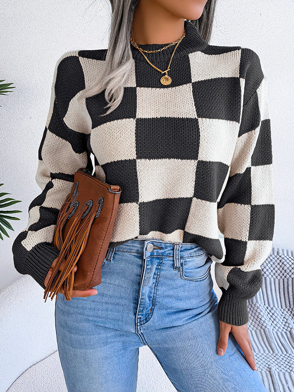 Long Sleeves Loose Contrast Color Plaid Round-Neck Sweater Tops